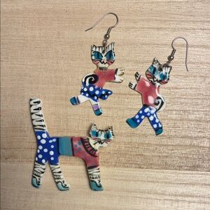Colorful Cat Earrings and Brooch Set